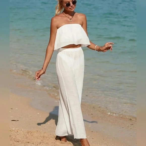 Beach Solid Color Strapless Top And Cover Up Wide Leg Pants - Picture 5 of 5